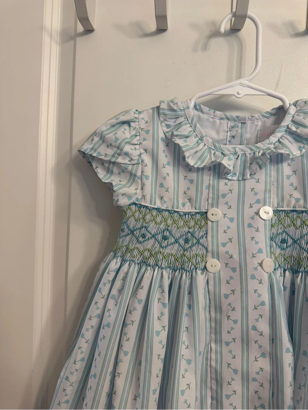 Girls White and Light Blue Smocked Floral Stripe Dress